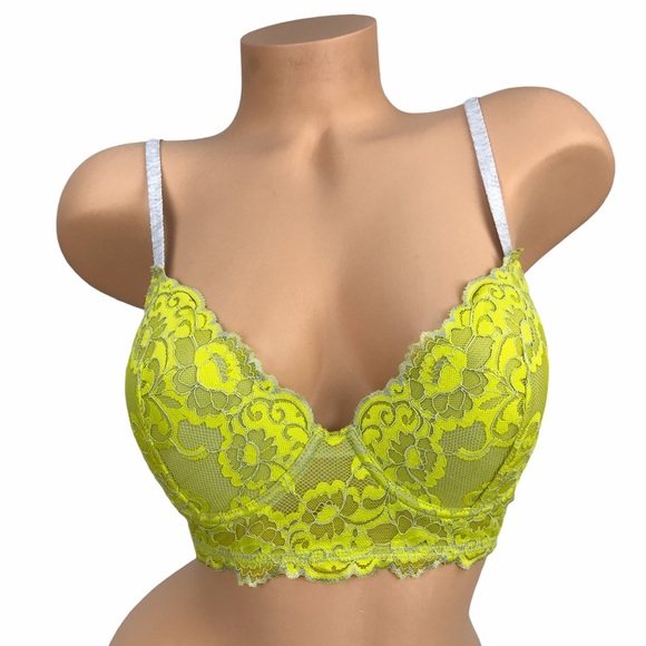 Josie Neon‎ Green 32D Contrast Lace Plunge Bralette Balconette Bra Unpadded - Picture 1 of 12